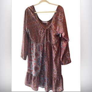 Pura Vida Women's Multicolor Floral Split Neck Boho Fit & Flare Dress Size Large